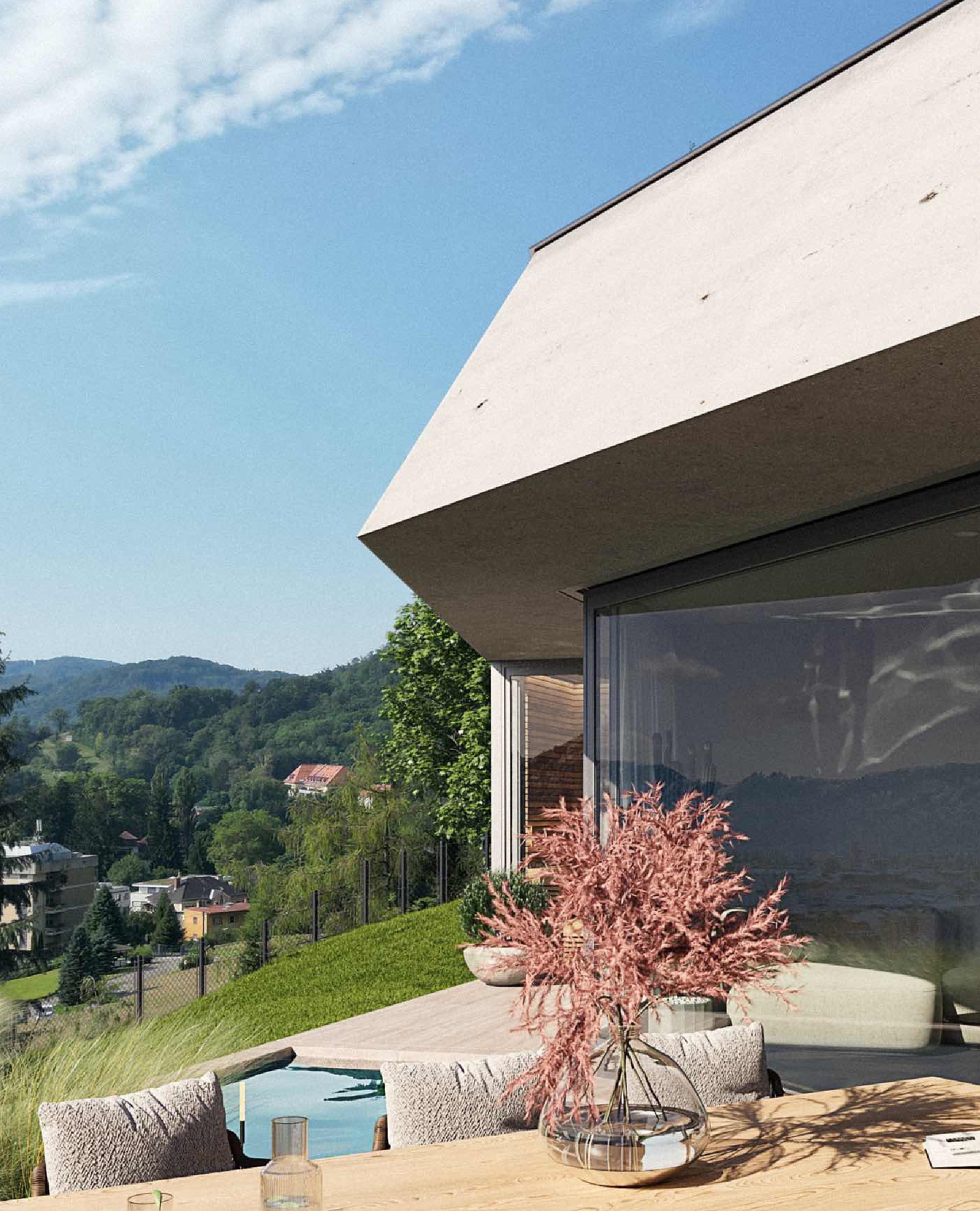 Glasfassade mit Pool und Blick über die Hügel – Projekt Weingartenweg