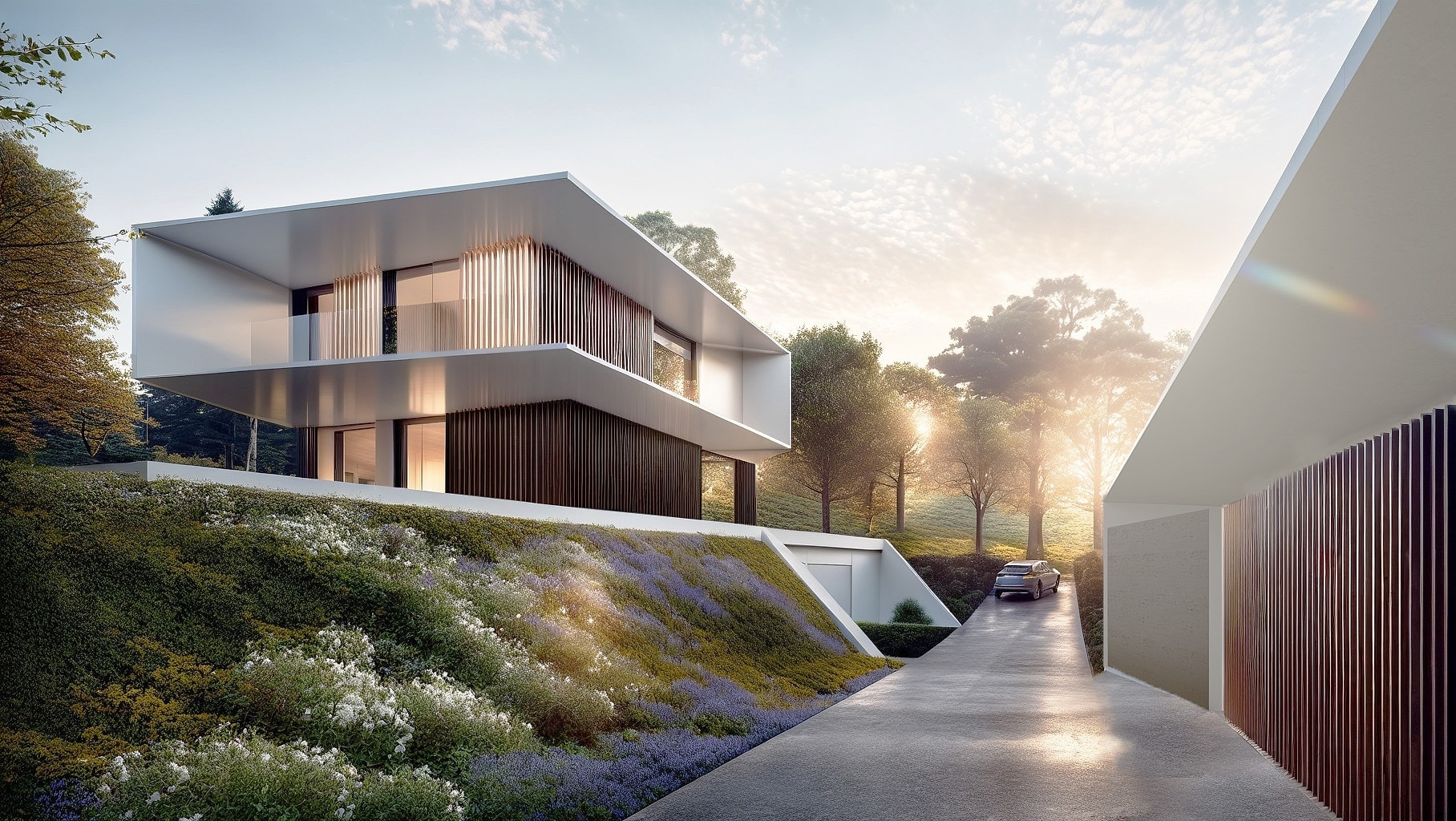 Villa mit Zufahrt im Abendlicht – Projekt Charlottendorfgasse, Graz
